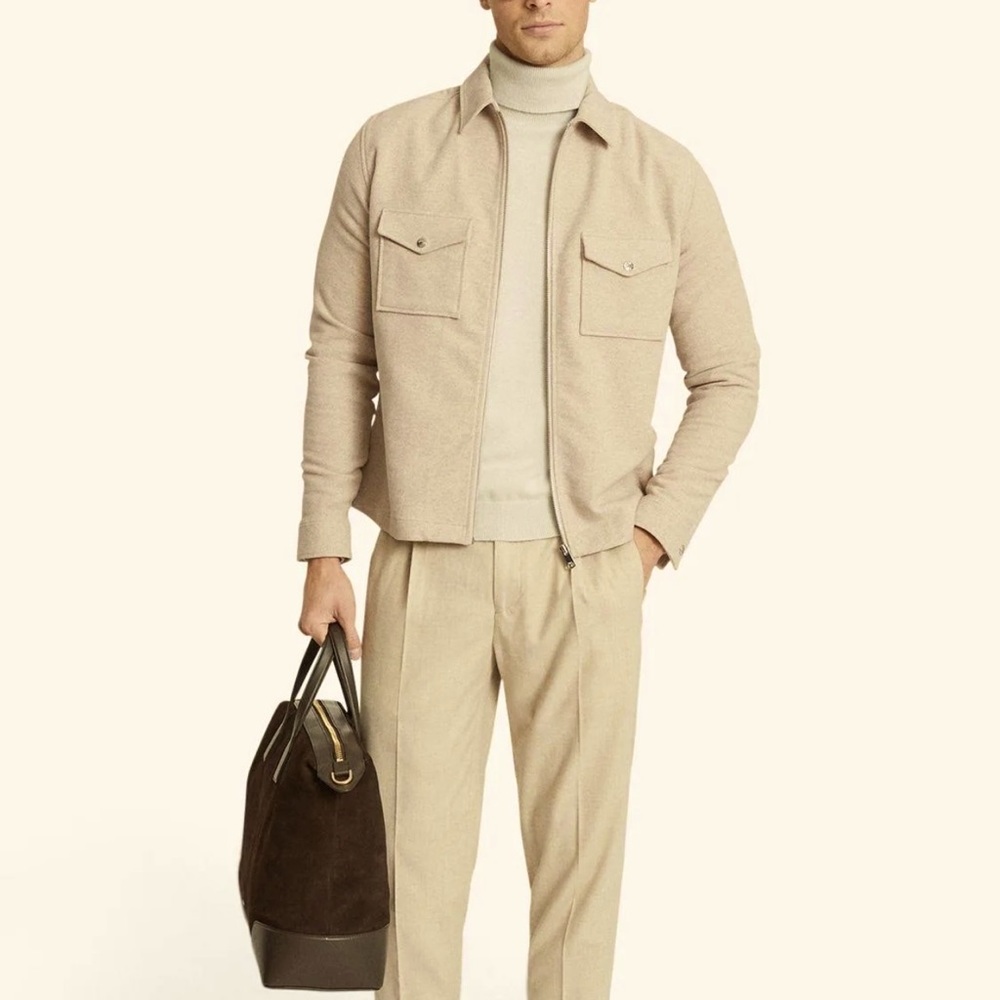 Reiss Vice Cotton Zip-Through Oatmeal Shirt Jacket Size Large
